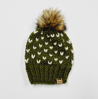 Vermont HAND KNIT TINY HEARTS BEANIE WITH FAUX FUR POM - Cilantro Green