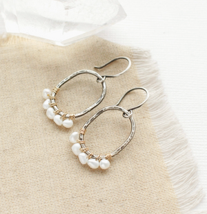 Pearl Wrapped Mixed Metal Oval Earrings