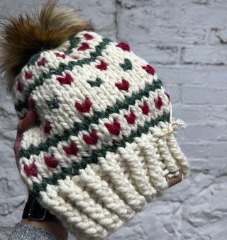 Hand Knit Red & Green Fargo Hat with Faux Fur Pom