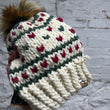 Load image into Gallery viewer, Hand Knit Red & Green Fargo Hat with Faux Fur Pom
