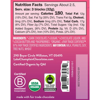 Lake Champlain Tart Raspberry Dark Organic Chocolate Bar