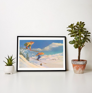Two Women on Skis Leaping Over the Snow Art Print - 12.5" x 18"