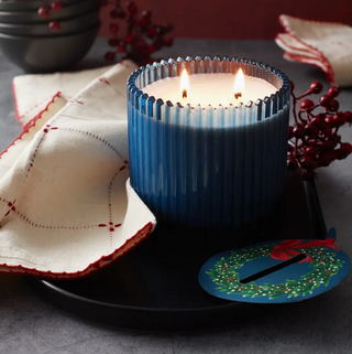 Roland Pine Glass Two-Wick Candle - Blue Ribbed 14oz