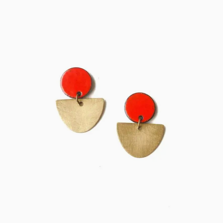Brass and Red Enamel Earrings