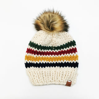 Hand Knit Hudson Bay Beanie with Faux Fur Pom