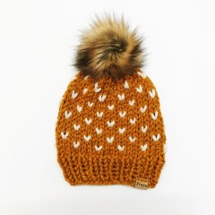 Hand-Knit Butterscotch Hearts Beanie with Faux Fur Pom