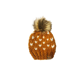 Hand-Knit Butterscotch Hearts Baby Beanie with Faux Fur Pom