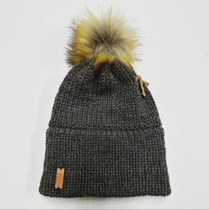 Made in Vermont Fuzzy Pom Hat - Charcoal with Brown Pom