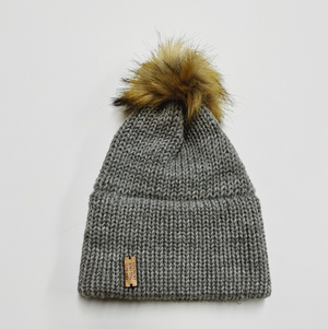 Made in Vermont Fuzzy Pom Hat - Heather Grey with Brown Pom