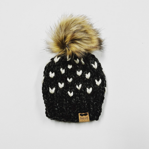 Vermont Knit Tiny Heart Baby Hat with Faux Fur Pom - Charcoal