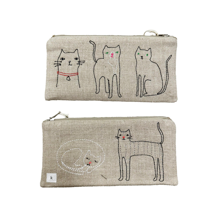 Embroidered Linen Pouch - Cats