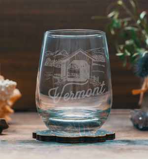 Etched Vermont State Wine Glass