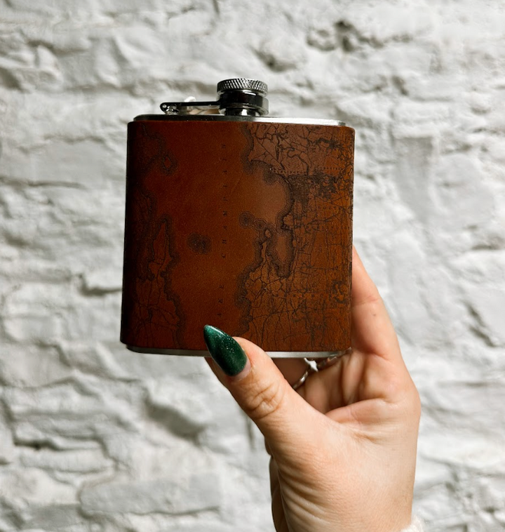 Lake Champlain Map Leather Wrapped Flask