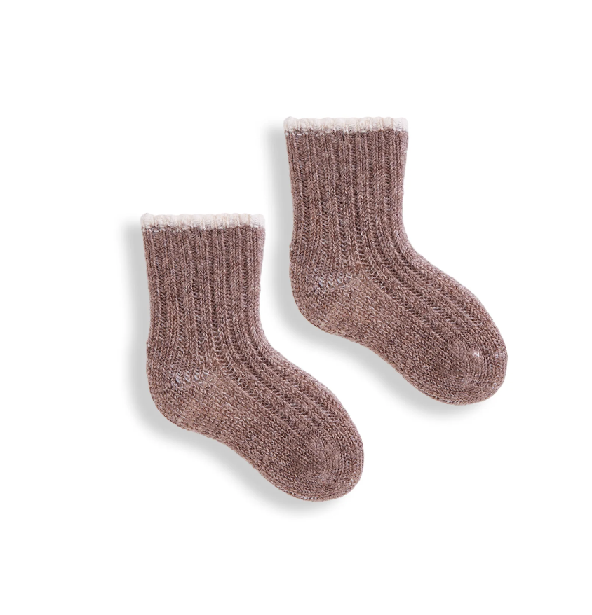 Tipped RIb Stripe Wool/Cashmere Baby Socks - Mushroom