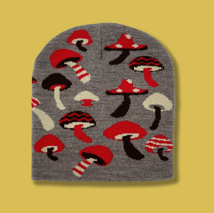 Mushrooms Heathered Light Brown Knit Beanie