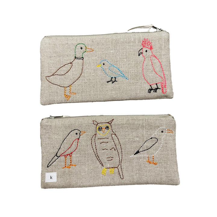 Embroidered Linen Pouch - Birds