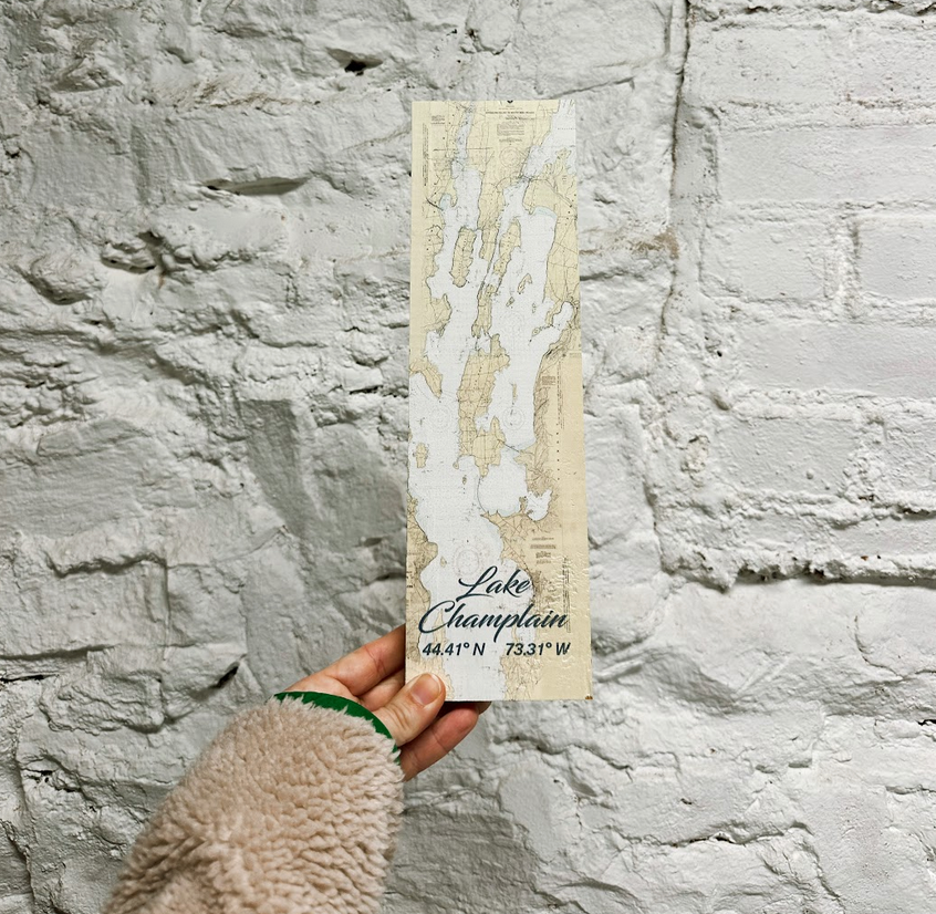 Lake Champlain, VT Latitude Longitude Wooden Sign - 3.75" x 12"