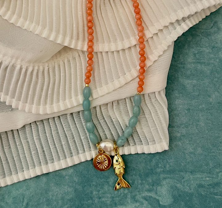Cora Fish Necklace - Bamboo Coral, Amazonite, &amp; Pearl