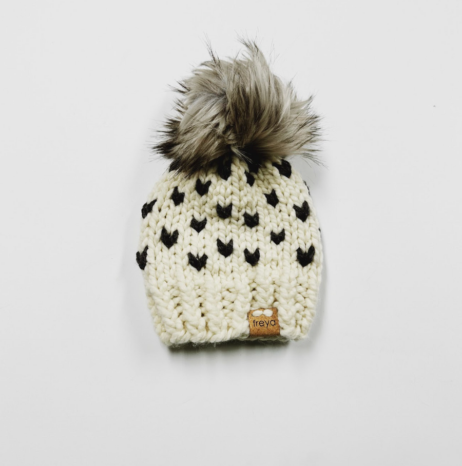 Vermont Knit Tiny Heart Baby Hat with Faux Fur Pom - Cream