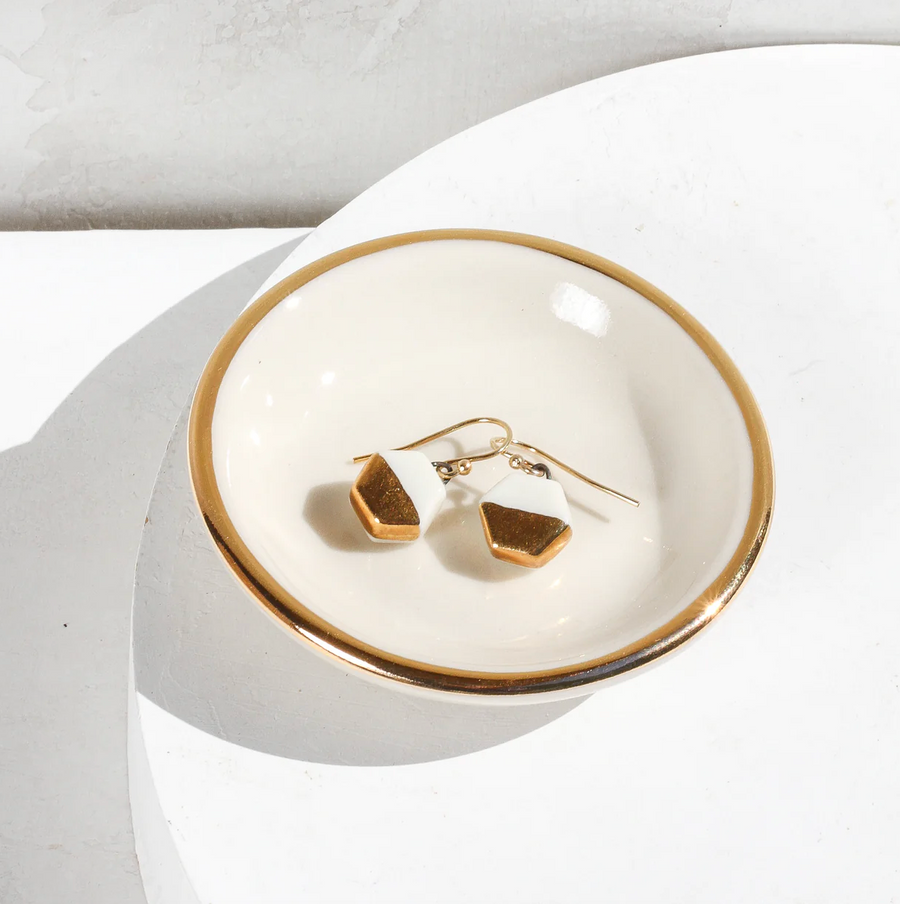 Gold Rimmed Ring Dish - White