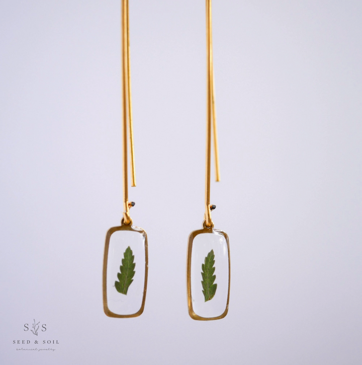 Tiny Rectangle Botanical Threader Earrings - Fern