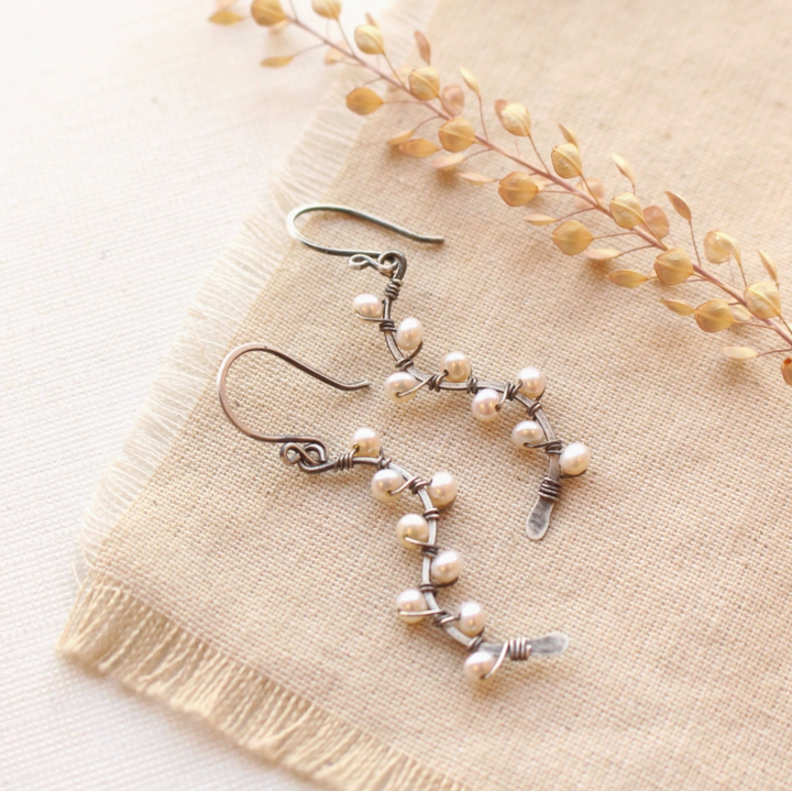 Little White Pearl Oxidized Silver VIne Earrings