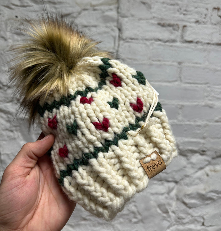 Hand Knit Red &amp; Green Fargo Hat with Faux Fur Pom