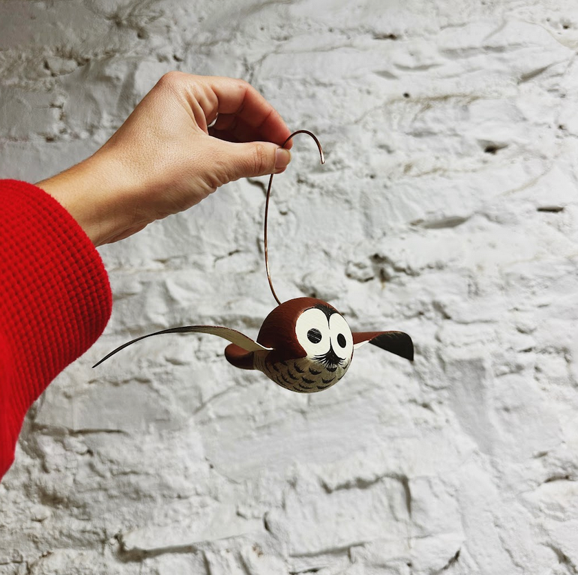 Handpainted Wooden Barn Owl Hanging Ornament