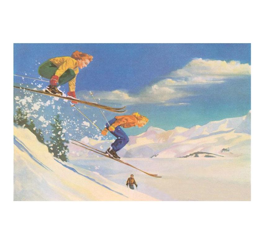 Two Women on Skis Leaping Over the Snow Art Print - 12.5" x 18"