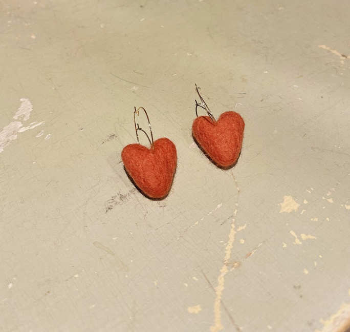 Felted Heart Earrings - Burnt Sienna