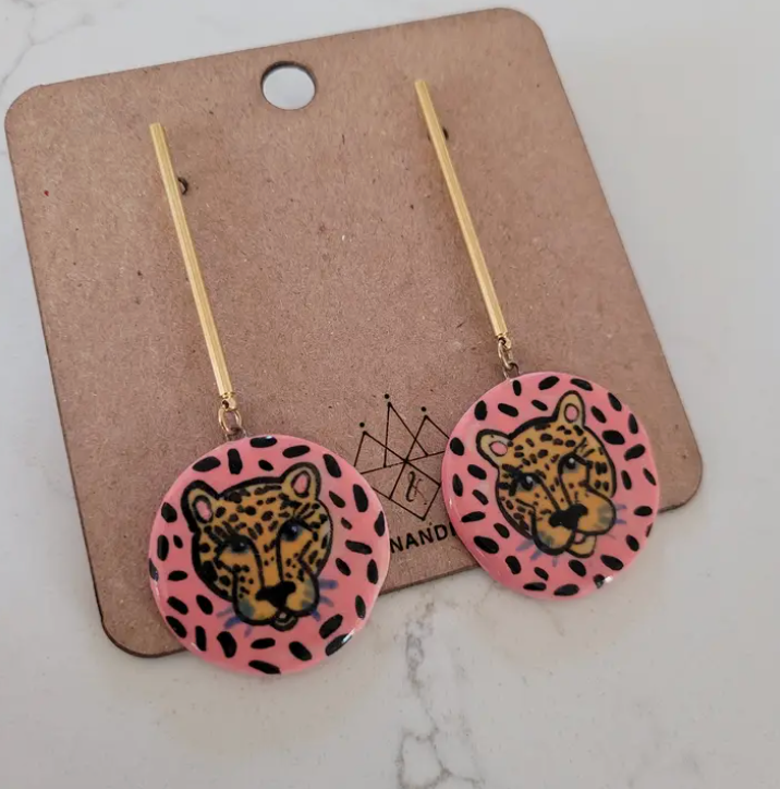 Hand Painted Cheetah Drop Circle Earrings