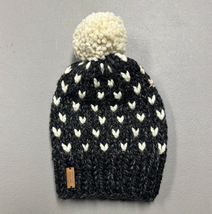 Made in Vermont Knitted Hearts Hat - Dark Grey With Fisherman