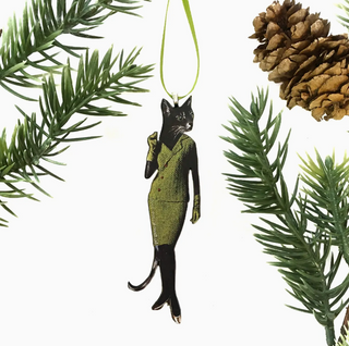 Wooden Collage Christmas Ornament - Retro Cat (in Avocado Dress)