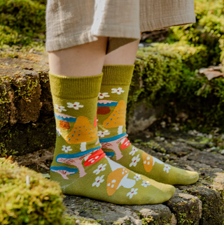 Mushroom Menagerie Moss Green Women's Crew Socks