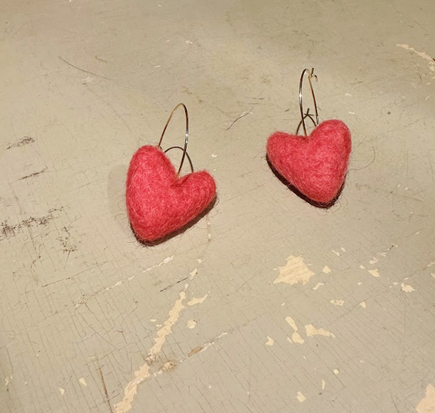 Felted Heart Earrings - Coral