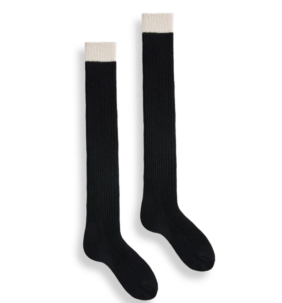 Creme Topped Ribbed Knew High Cashmere/Wool Socks - Black