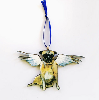 Wooden Collage Christmas Ornament - Angel Pug Dog