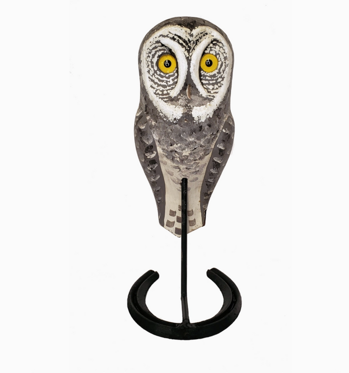 Small Great Grey Owl on Horseshoe Statue