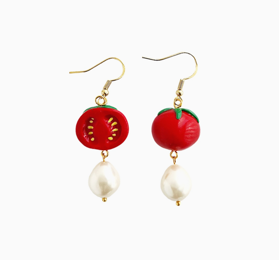 Fancy Cherry Tomato Earrings - Polymer &amp; Pearl