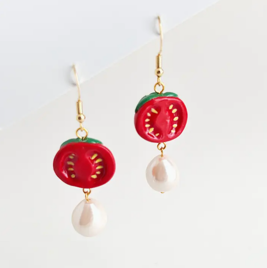 Fancy Cherry Tomato Earrings - Polymer &amp; Pearl