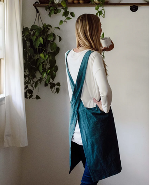 Cross Back Apron in Peacock Blue