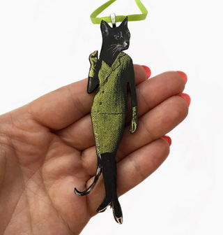 Wooden Collage Christmas Ornament - Retro Cat (in Avocado Dress)