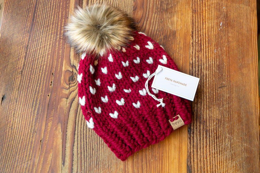 Hand Knit Tiny Hearts Hat with Faux Fur Pom Pom - Cranberry