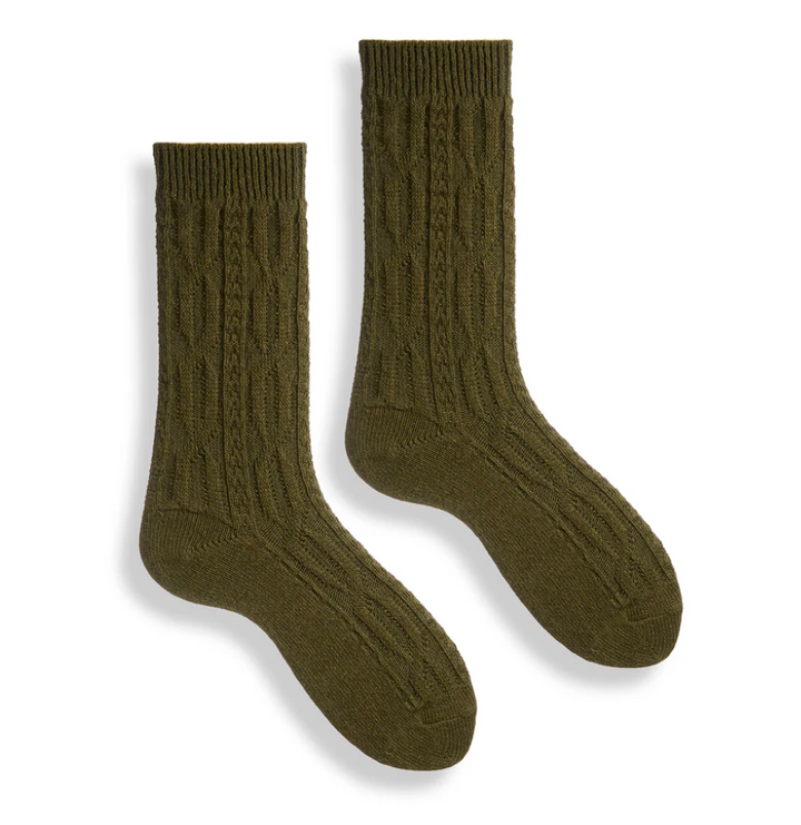 Chunky Cable Wool Cashmere Socks - Olive