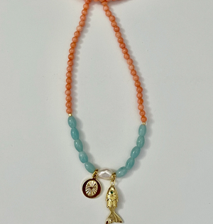 Cora Fish Necklace - Bamboo Coral, Amazonite, &amp; Pearl