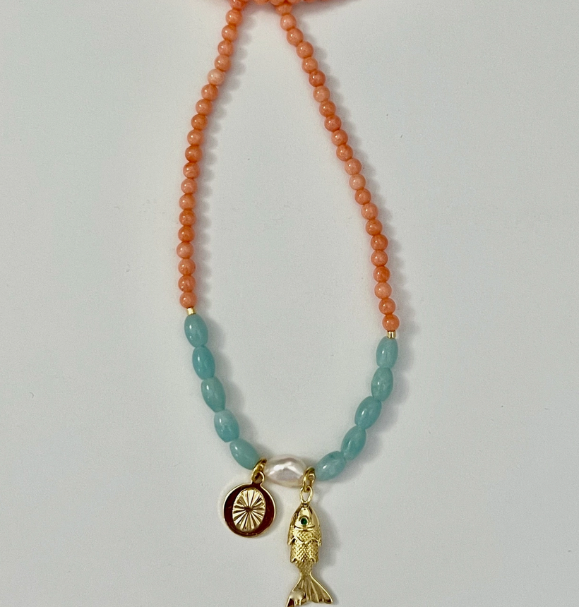 Cora Fish Necklace - Bamboo Coral, Amazonite, &amp; Pearl