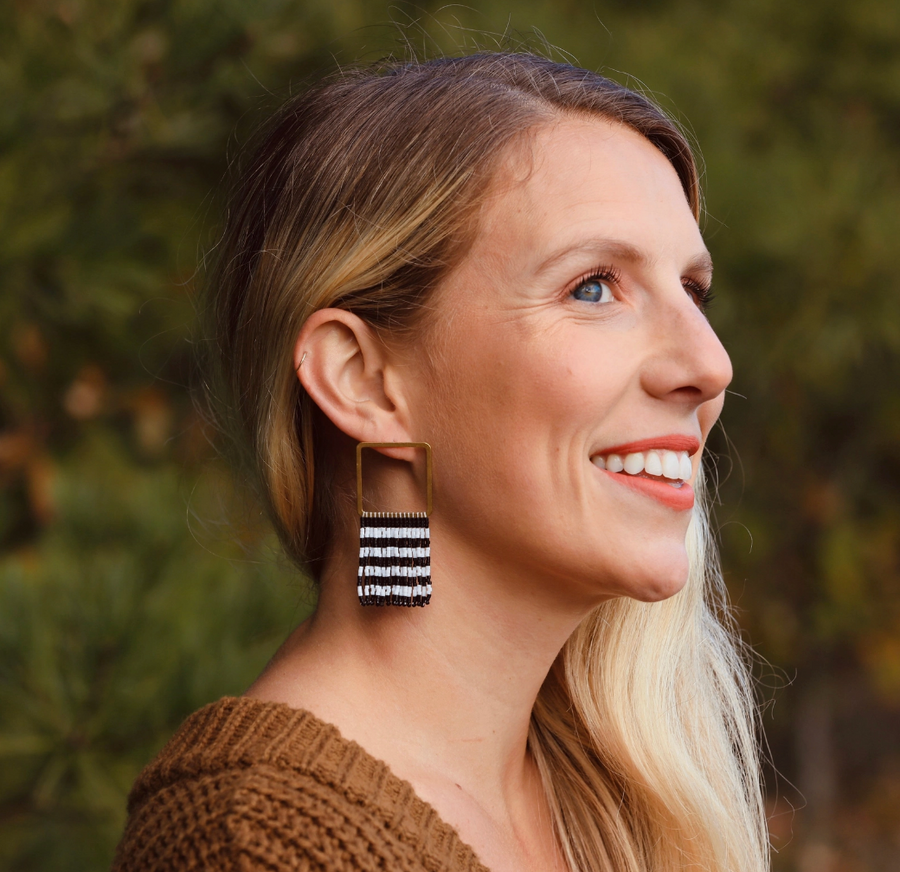 Beaded Black &amp; White Stripe Earrings