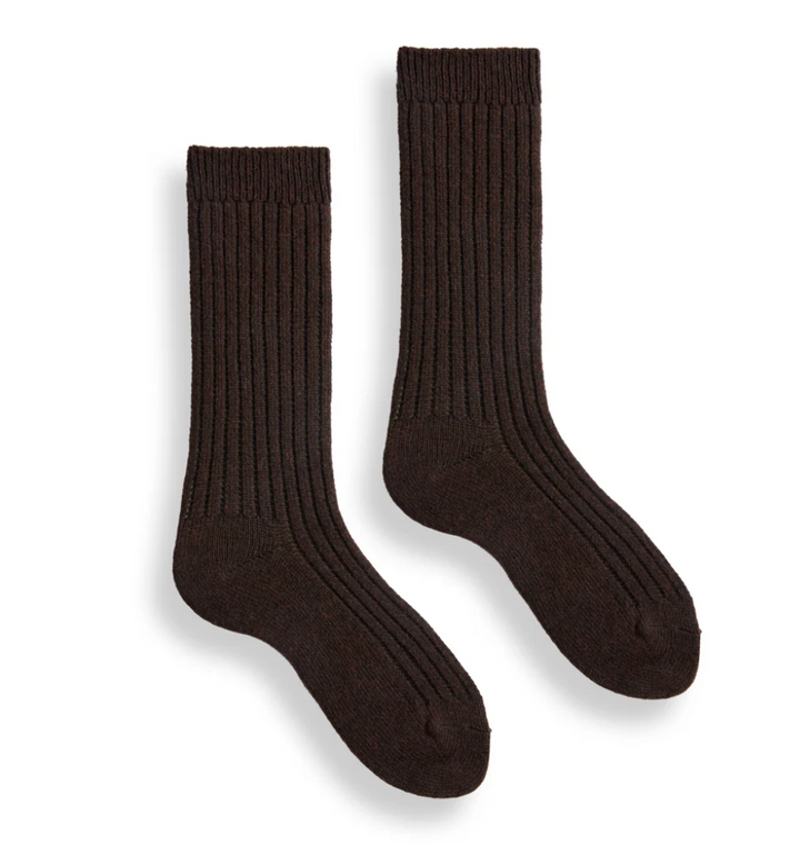 Solid Ribbed Wool/Cashmere Socks - Dark Brown