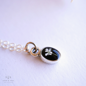 Tiny Black Botanical Oval Necklace - Queen Anne's Lace