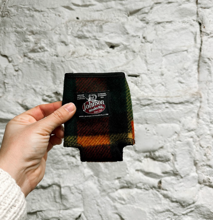 Handcrafted Wool Can Koozie - Bright Red/Yellow/Green Plaid